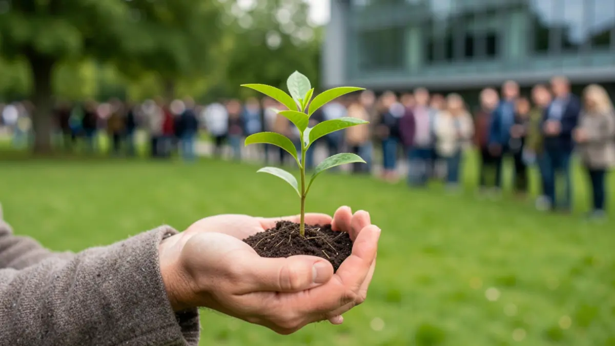 Imagen genérica de una mano sosteniendo una planta joven con un fondo desenfocado de naturaleza y arquitectura.