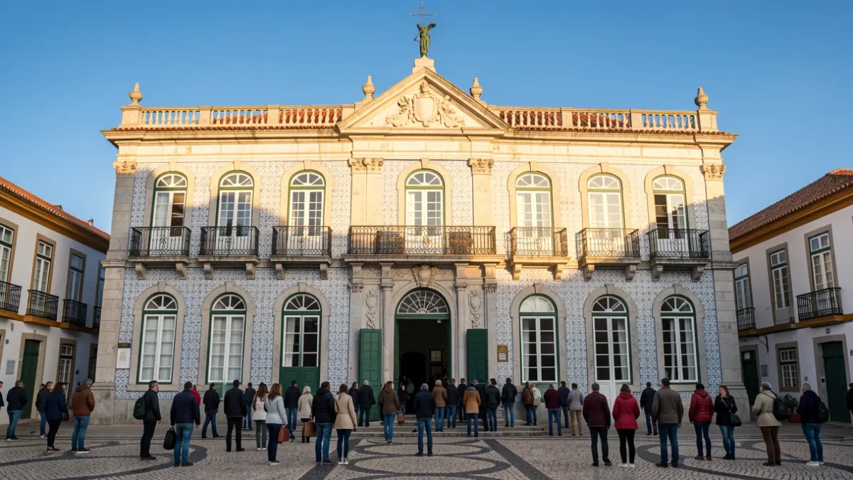 Generic image of the facade of a Portuguese municipal building with ornate balconies.