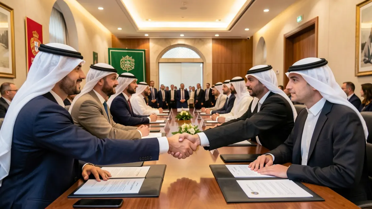 Reunião oficial entre a comitiva de Vila Nova de Gaia e representantes da Arábia Saudita para reforçar cooperação.