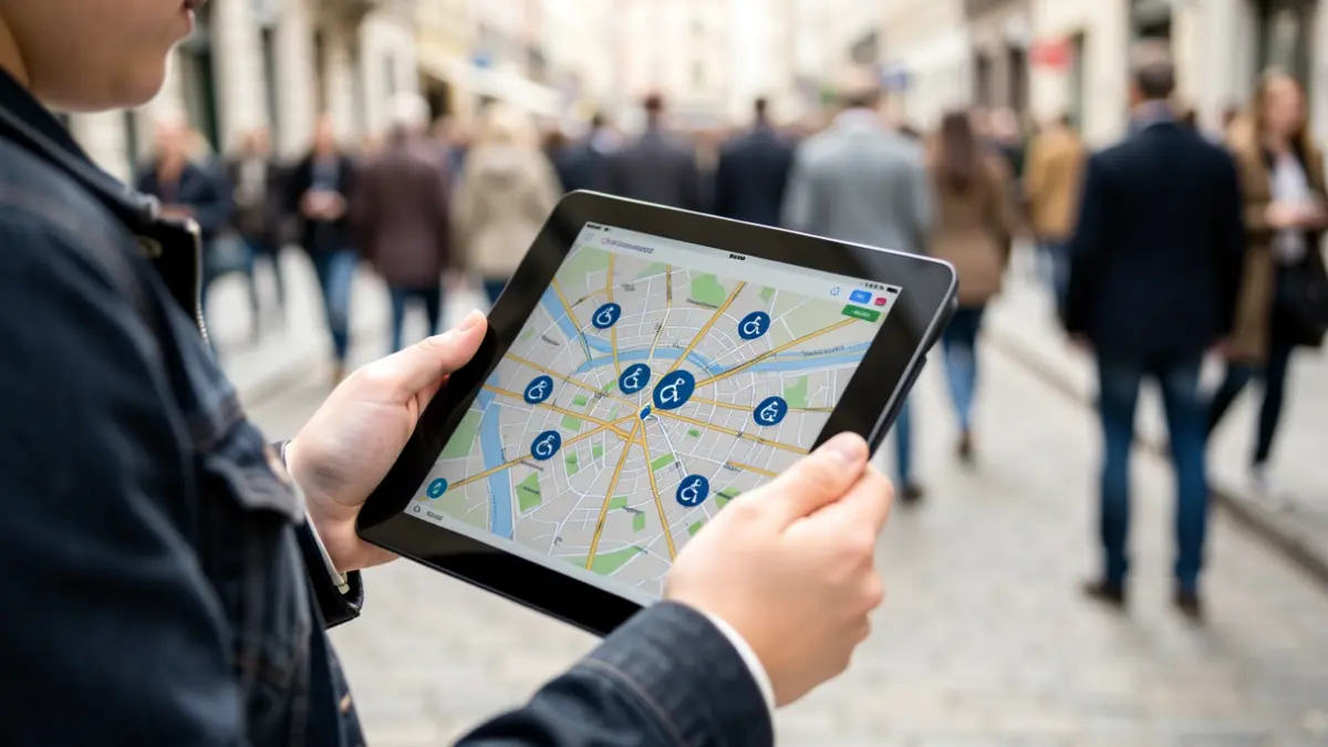 Generic image of young hands holding a tablet with a city map and accessibility icons, in soft natural light.