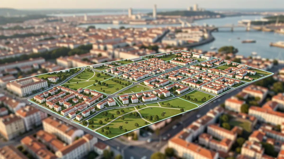 Imagem genérica de um mapa de planeamento urbano com zonas destacadas para habitação e espaços verdes, sobreposto a uma paisagem urbana desfocada.