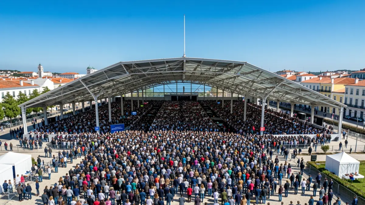 Vista aérea do Pavilhão Municipal de Vila Nova de Gaia, Portugal, com uma grande multidão visível no interior através do teto aberto, sob um céu azul claro. Foco na estrutura arquitetónica e na escala do evento.