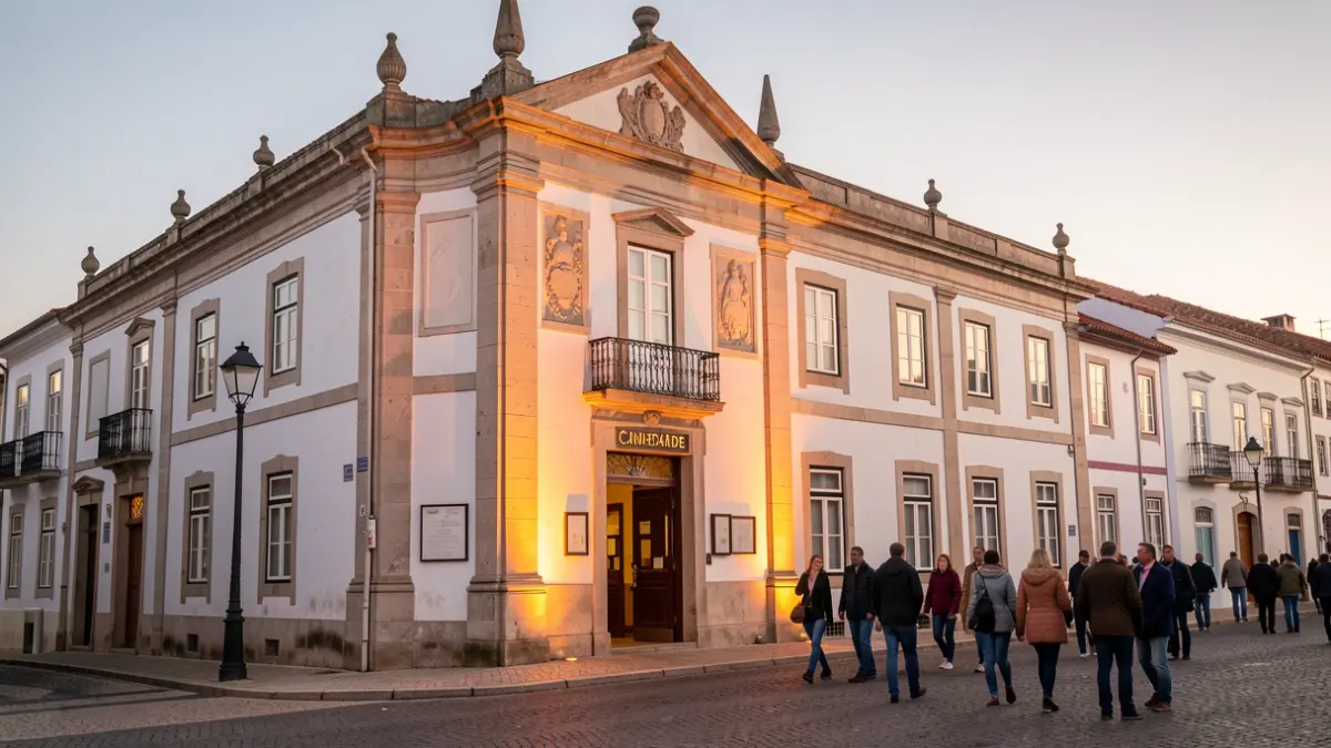 Fachada del Cine-Teatro Caridade en Moura, Portugal, iluminada al atardecer.