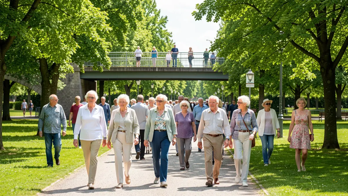 Imagem genérica de idosos a caminhar num parque com ponte pedonal ao fundo, num dia de sol.