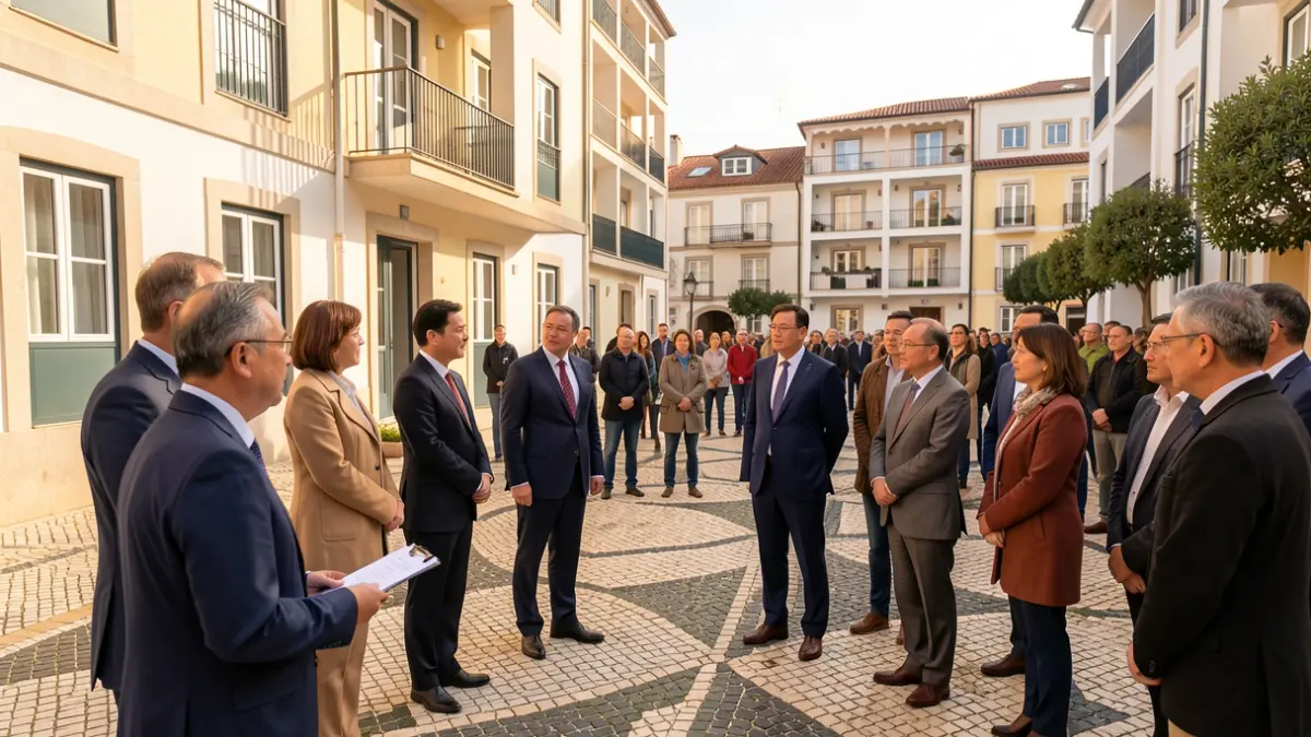 Generic image of a foreign delegation visiting a European housing complex with Portuguese architectural elements.