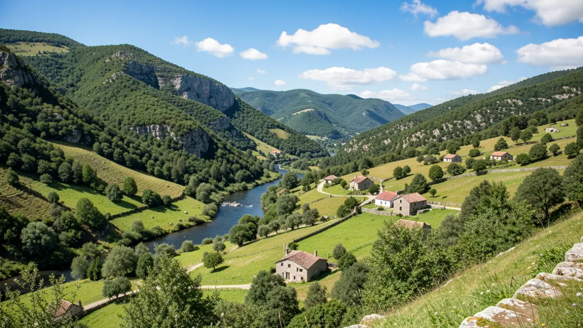 Generic image of a natural landscape with green mountains and a river, in Portugal.