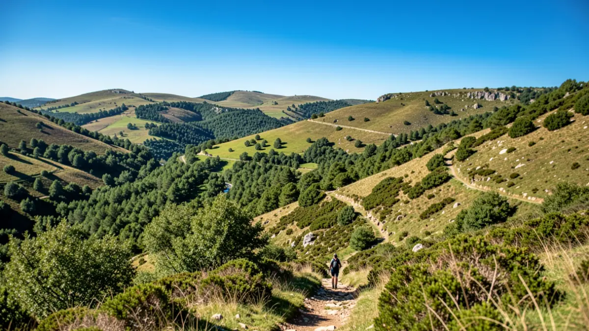 Paisaje natural del Parque Nacional Peneda-Gerês, Portugal, con colinas verdes y cielo azul.