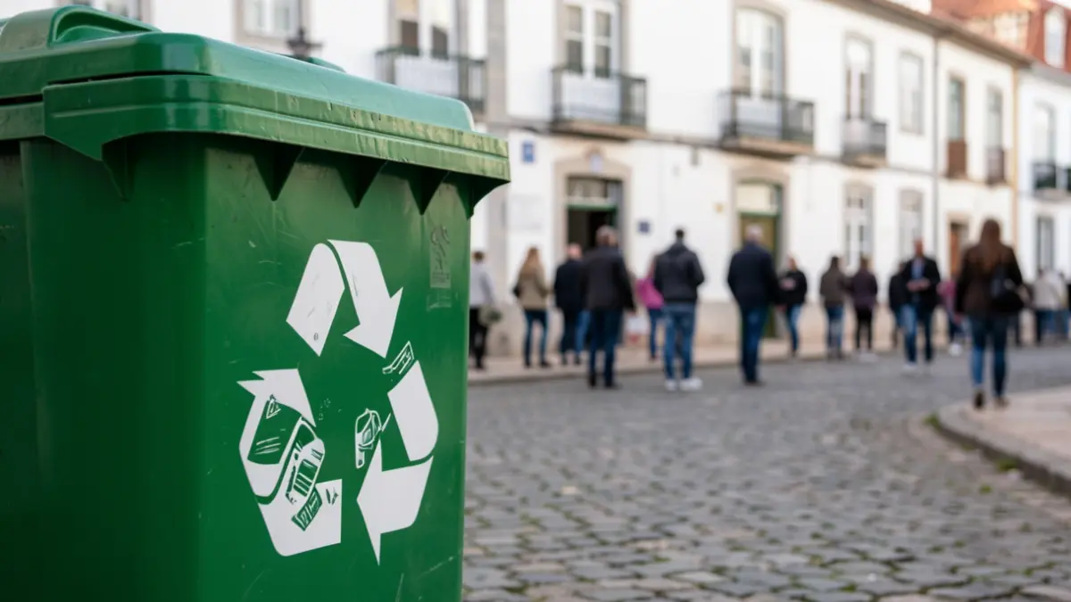 Recycling bin with paper and plastic symbols on a cobblestone street in Évora.