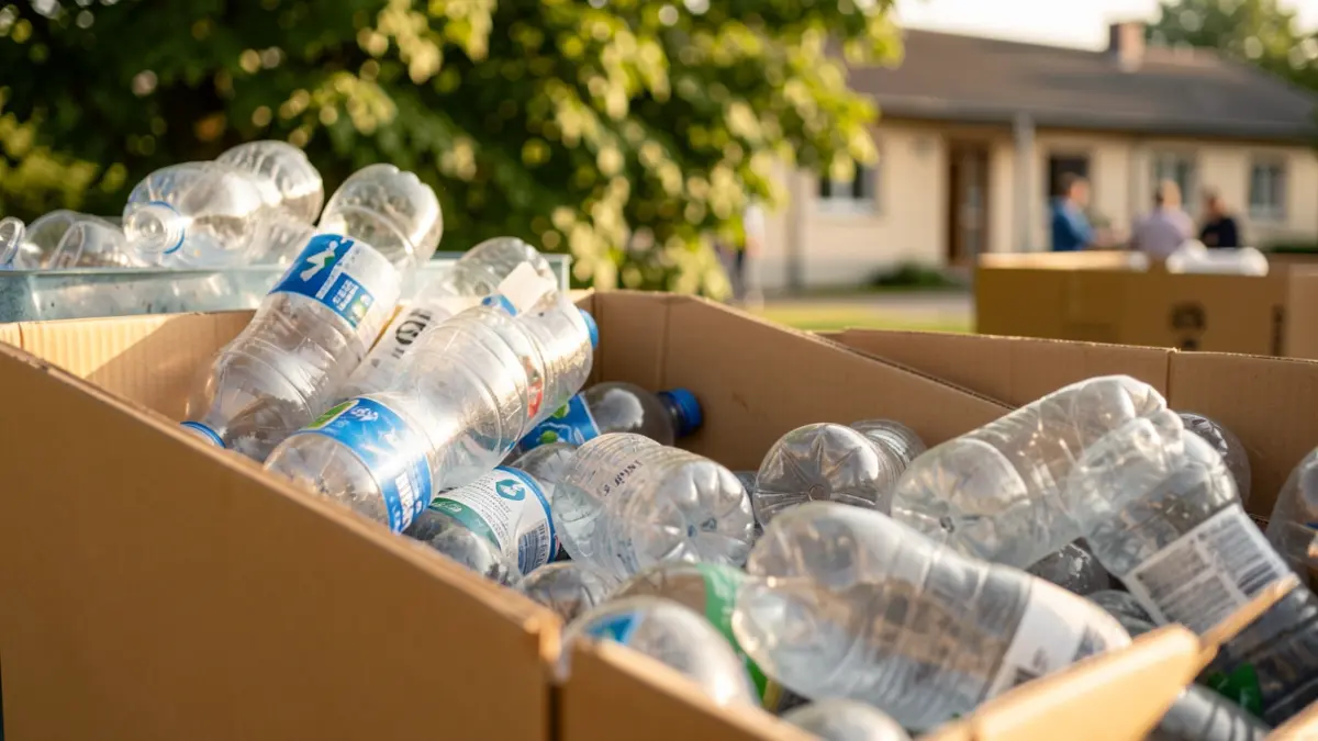 Imagen genérica de materiales reciclables siendo separados, con un fondo sutil de hojas verdes y un toque de un centro comunitario.