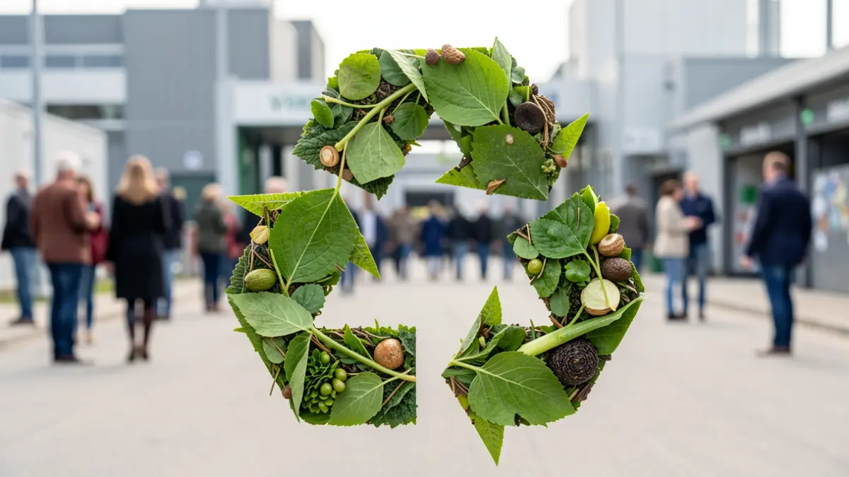 Generic image of a recycling symbol made of green leaves and organic material, with a blurred background of a modern waste management facility.