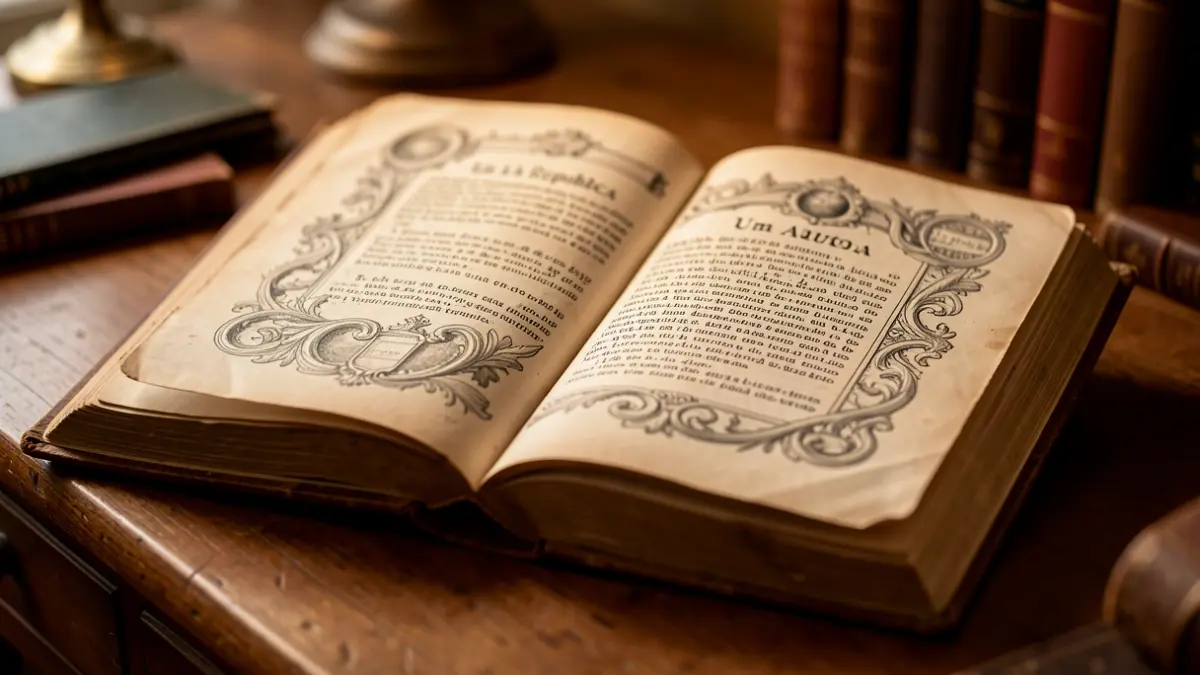 Primer plano de un libro antiguo abierto con ilustraciones ornamentadas y texto en portugués, titulado 'Um Auto à República'.