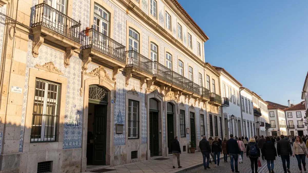Imagem genérica da fachada de um edifício municipal português com azulejos e varanda ornamentada.