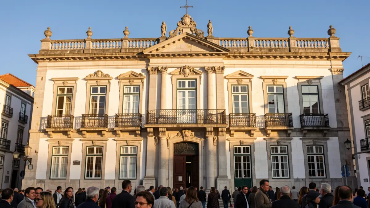 Facade of a Portuguese town hall with classical architecture, ornate balconies and stone details, under warm late afternoon sunlight and blue sky.
