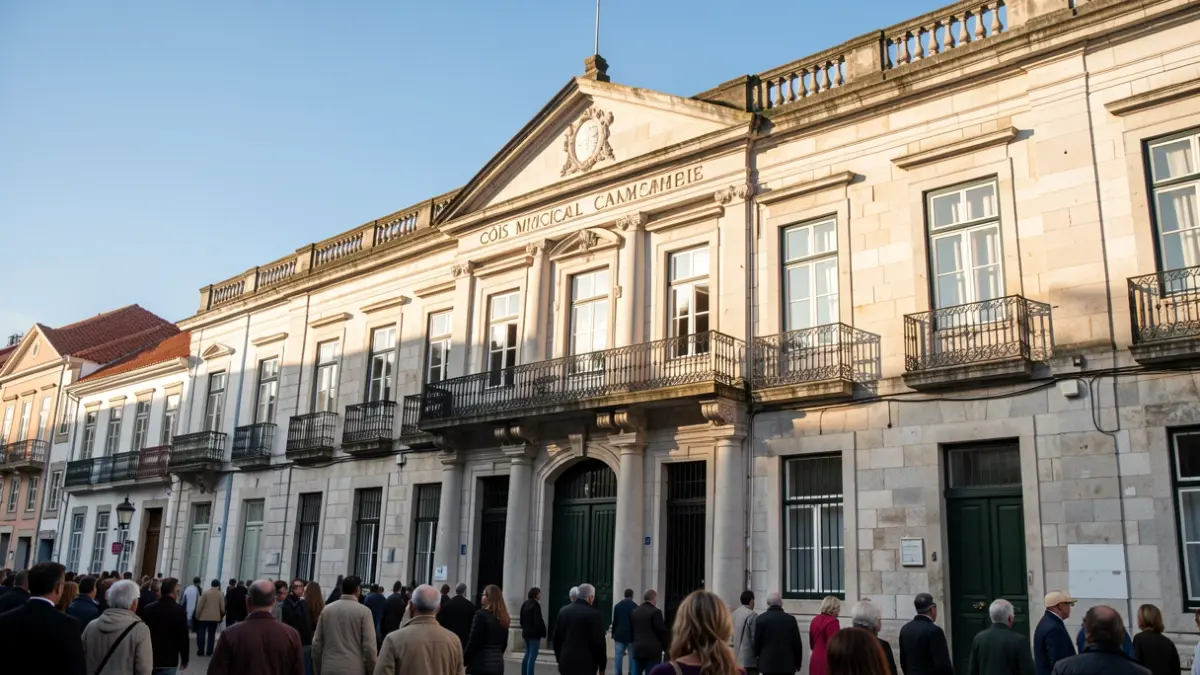 Facade of the Góis Municipal Chamber building, a traditional Portuguese stone building with an ornate balcony and iron railings, under warm afternoon light and blue sky.