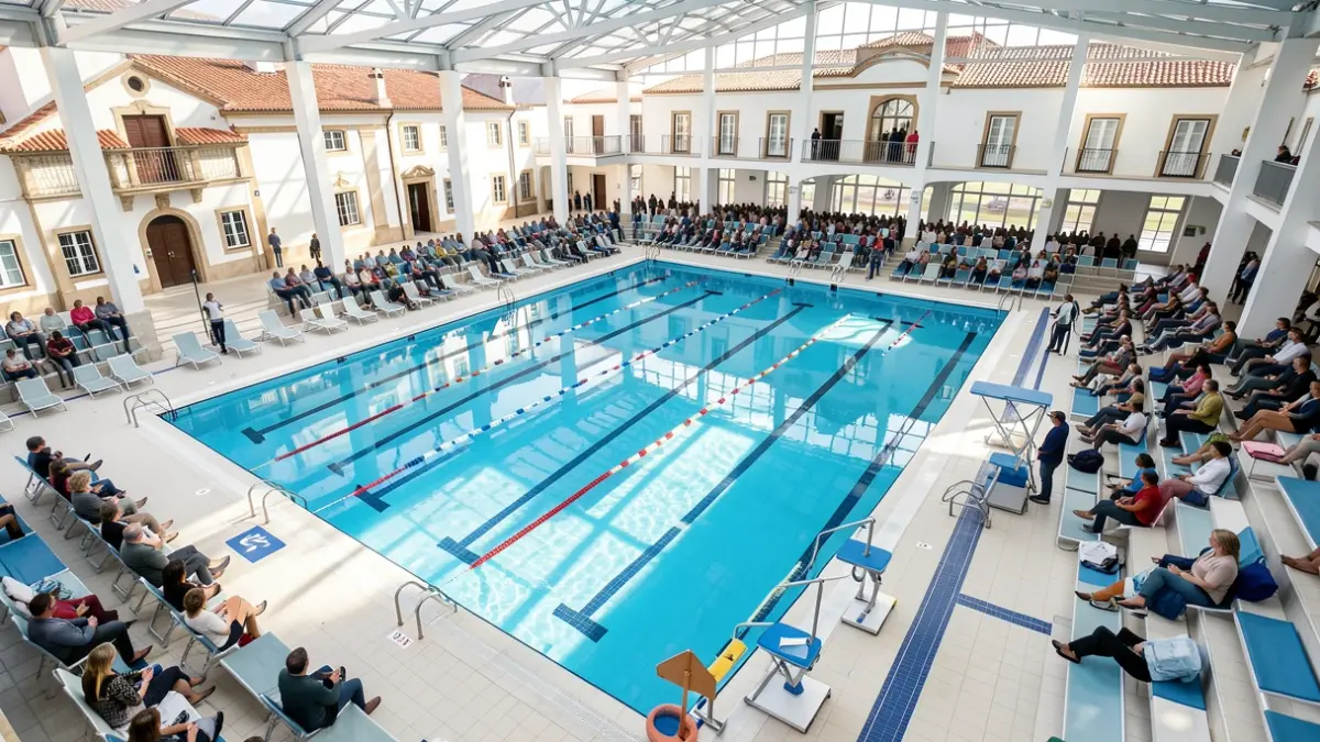Imagen genérica de un complejo de piscinas interiores moderno con equipamiento de terapia acuática.