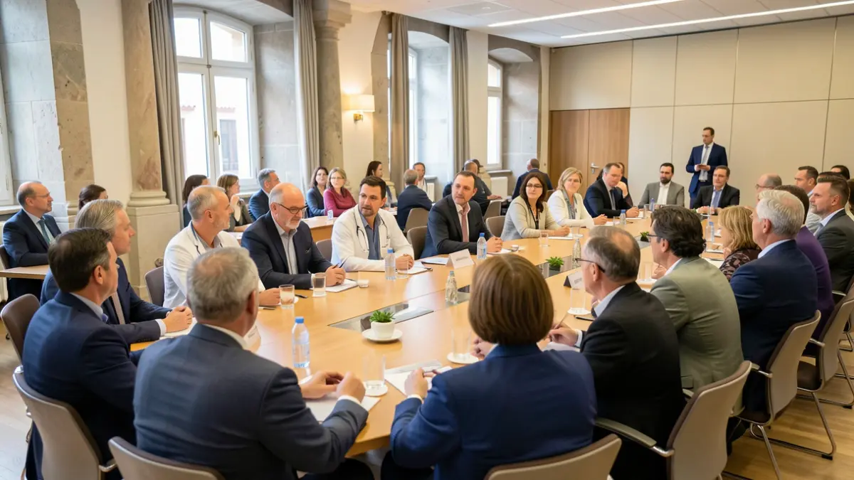 Generic image of a national meeting of family health units in Gondomar, with healthcare professionals and decision-makers discussing the future of primary care.