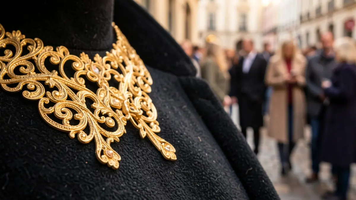 Imagen genérica de joyería de filigrana de oro, con detalles intrincados e iluminación cálida.