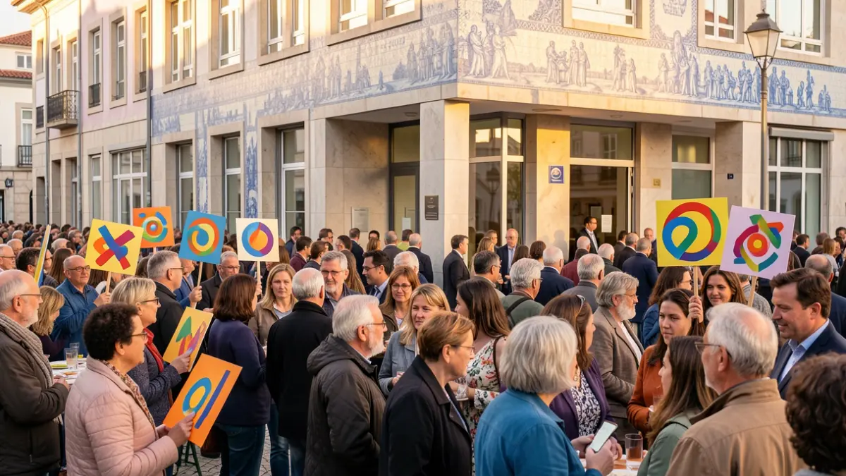Imagen genérica de un grupo diverso de personas participando en un evento comunitario frente a un edificio municipal con elementos arquitectónicos portugueses.