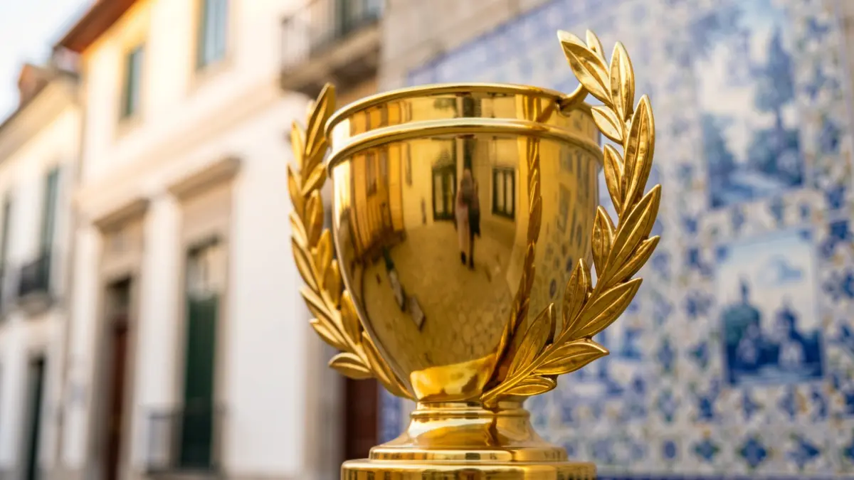 Imagem genérica de um troféu dourado com uma coroa de louros, em frente a uma fachada de edifício municipal com azulejos.