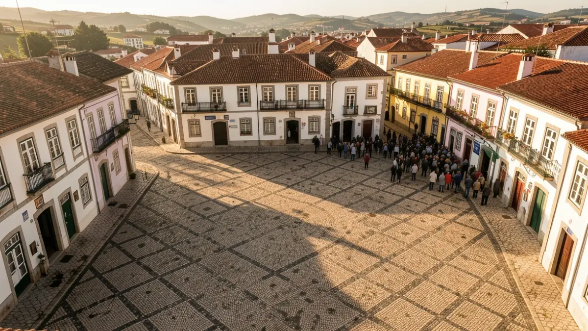 Imagem genérica de uma praça de uma vila portuguesa com pavimento de pedra tradicional e edifícios, luz solar quente da tarde a projetar sombras longas.