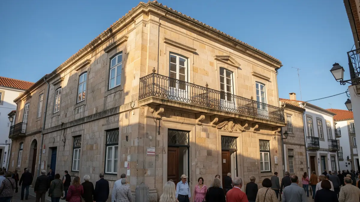 Imagem genérica de uma fachada de edifício municipal com varanda e luz solar.