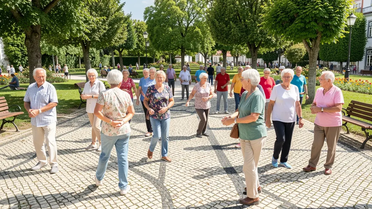 Generic image of elderly people participating in an outdoor group exercise class in a park, focusing on mobility and balance.