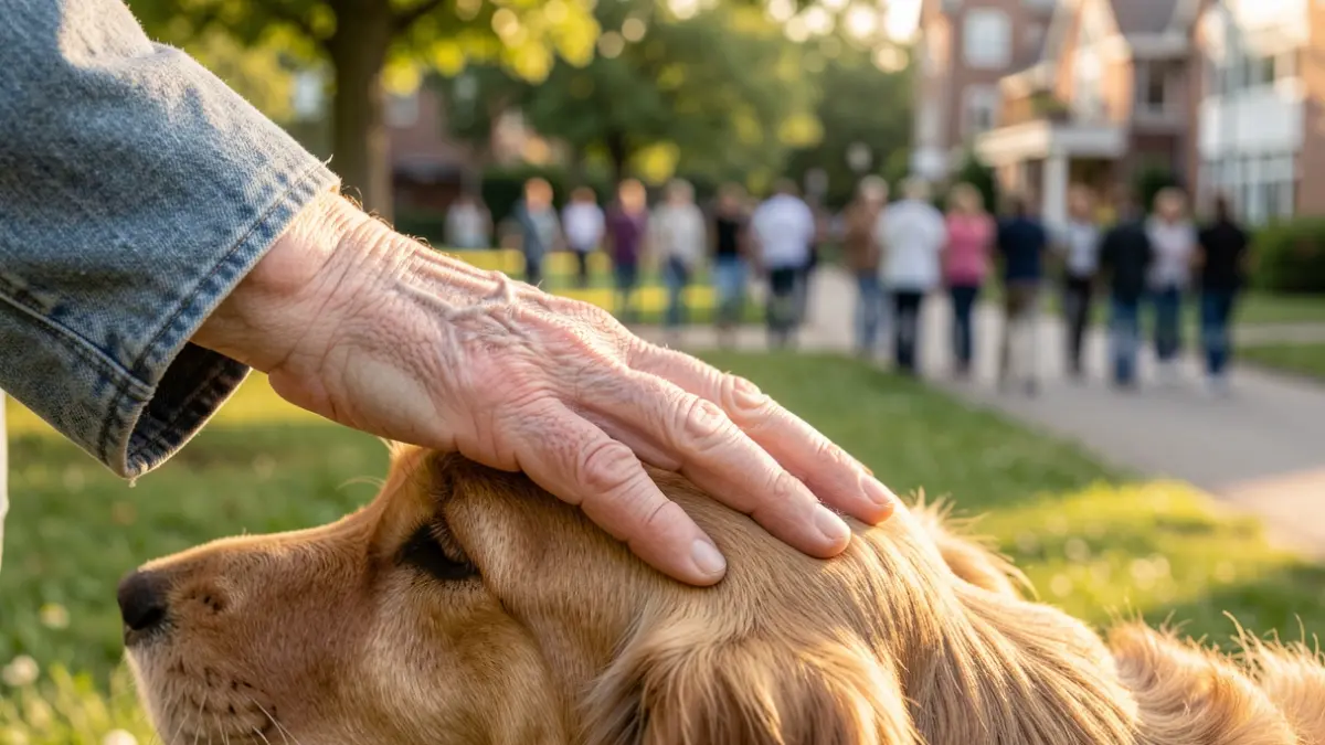 Imagem genérica de uma mão idosa a acariciar um cão, com um fundo desfocado de um parque.