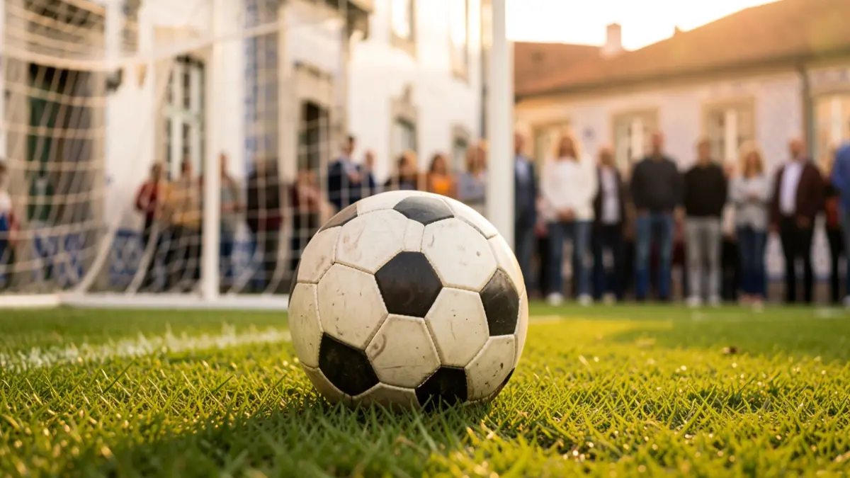 Image of a soccer ball on a field at sunset, with Portuguese architectural elements in the background.