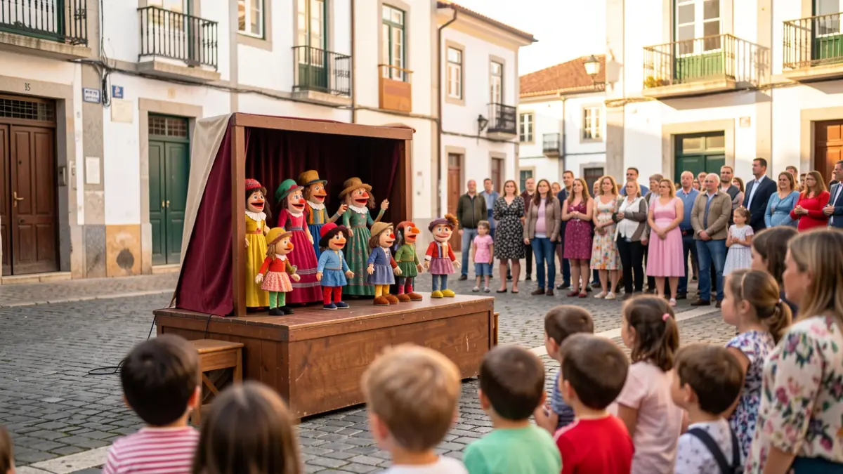 Imagem genérica de um espetáculo de fantoches numa praça portuguesa, com figuras desfocadas de crianças a assistir.