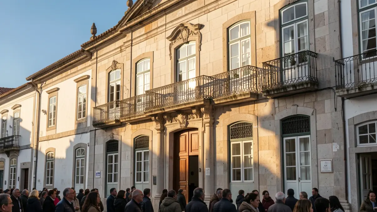 Generic image of a Portuguese municipal building facade with an ornate balcony, in the afternoon sunlight.