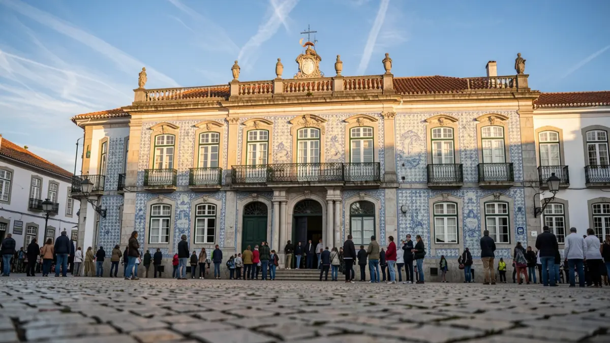 Imagem genérica de uma fachada de edifício municipal portuguesa com azulejos e varandas, sob luz solar de fim de tarde.