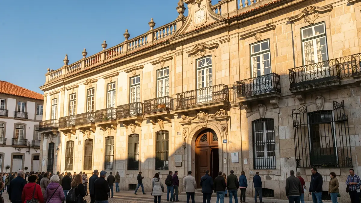 Facade of a municipal building in Gouveia at dusk.