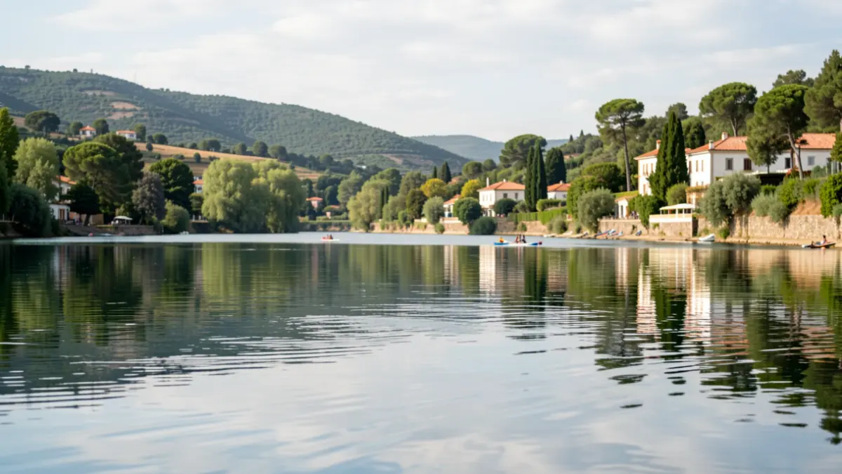 Imagen genérica de un lago tranquilo con colinas verdes al fondo, sugiriendo un lugar para actividades náuticas.