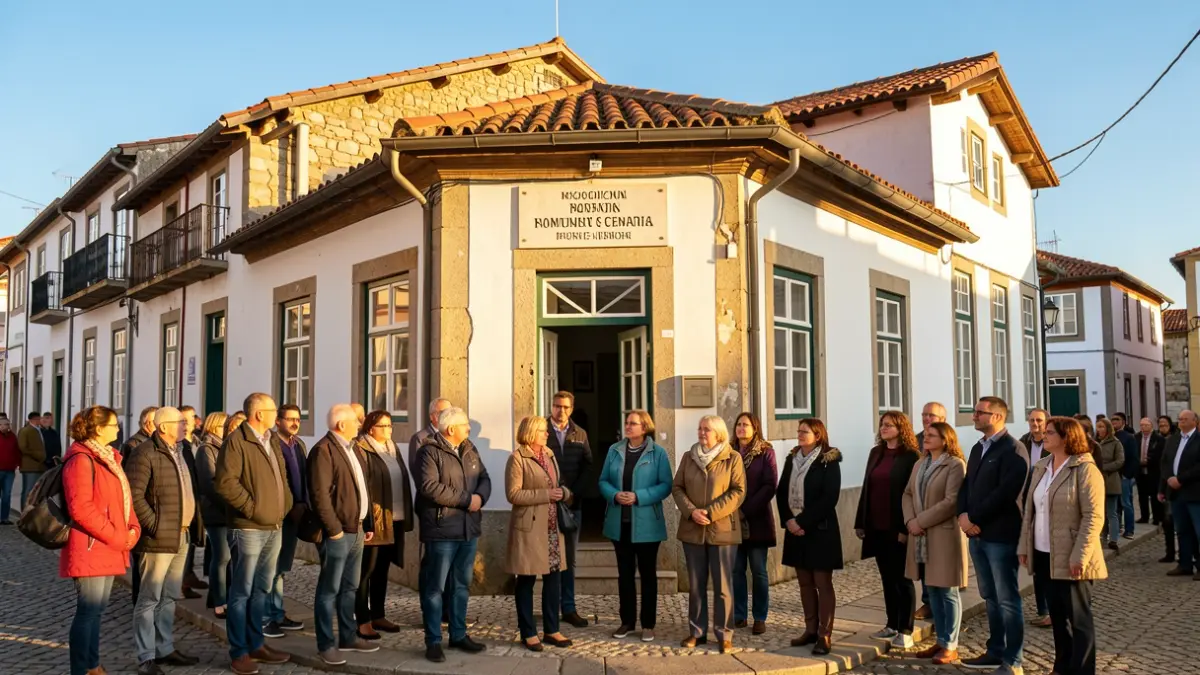 Image of a new Community Relations Center in Gôve, Baião, Portugal, with people celebrating its inauguration.