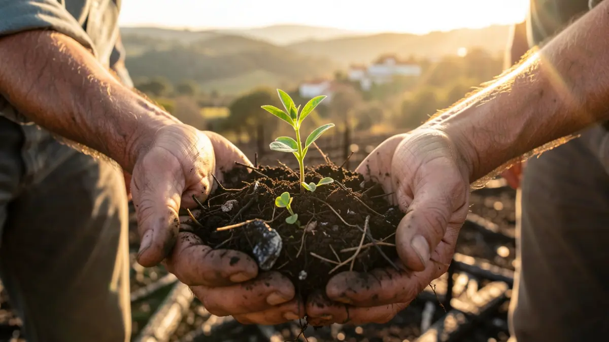 Imagem genérica de mãos de agricultor a segurar terra queimada com rebentos verdes, simbolizando recuperação após incêndio.