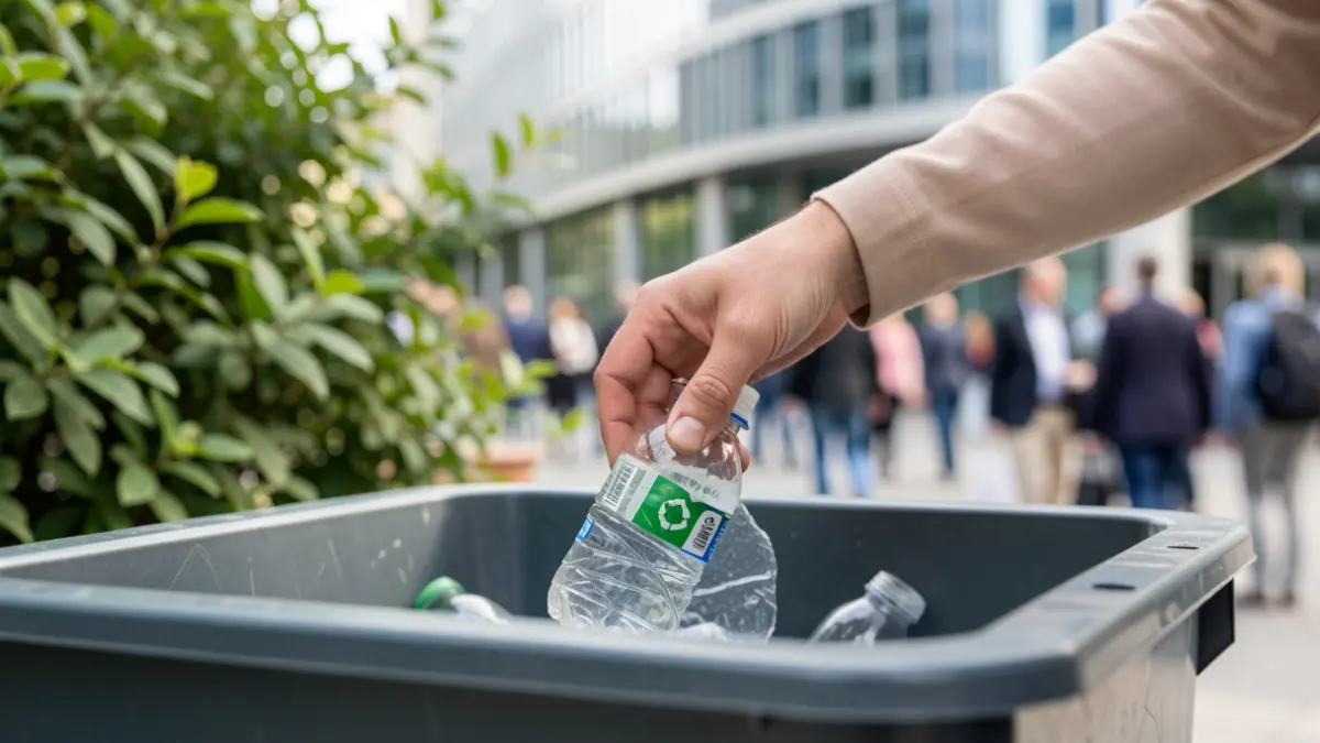 Imagem genérica de uma mão a colocar material reciclado num ecoponto, com elementos de economia circular e ambiente desfocados ao fundo.