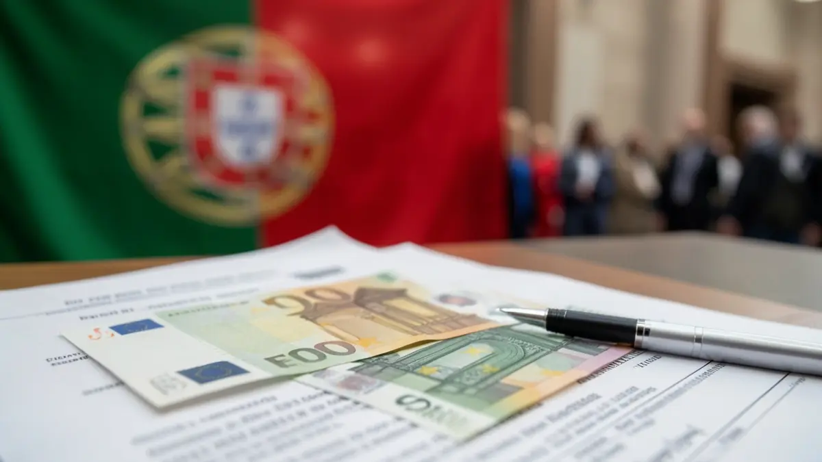 Imagem genérica de notas e moedas de Euro sobre um documento oficial com uma caneta, com as cores de Portugal ao fundo.