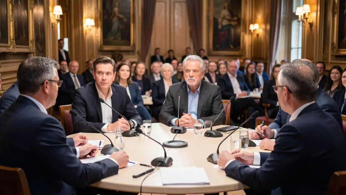 Generic image of a round table discussion with microphones and people conversing in a formal setting.