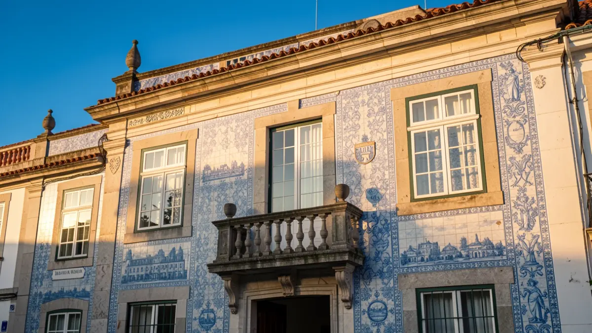 Generic image of a Portuguese public building facade with traditional azulejo tiles and a stone balcony, in the late afternoon light.