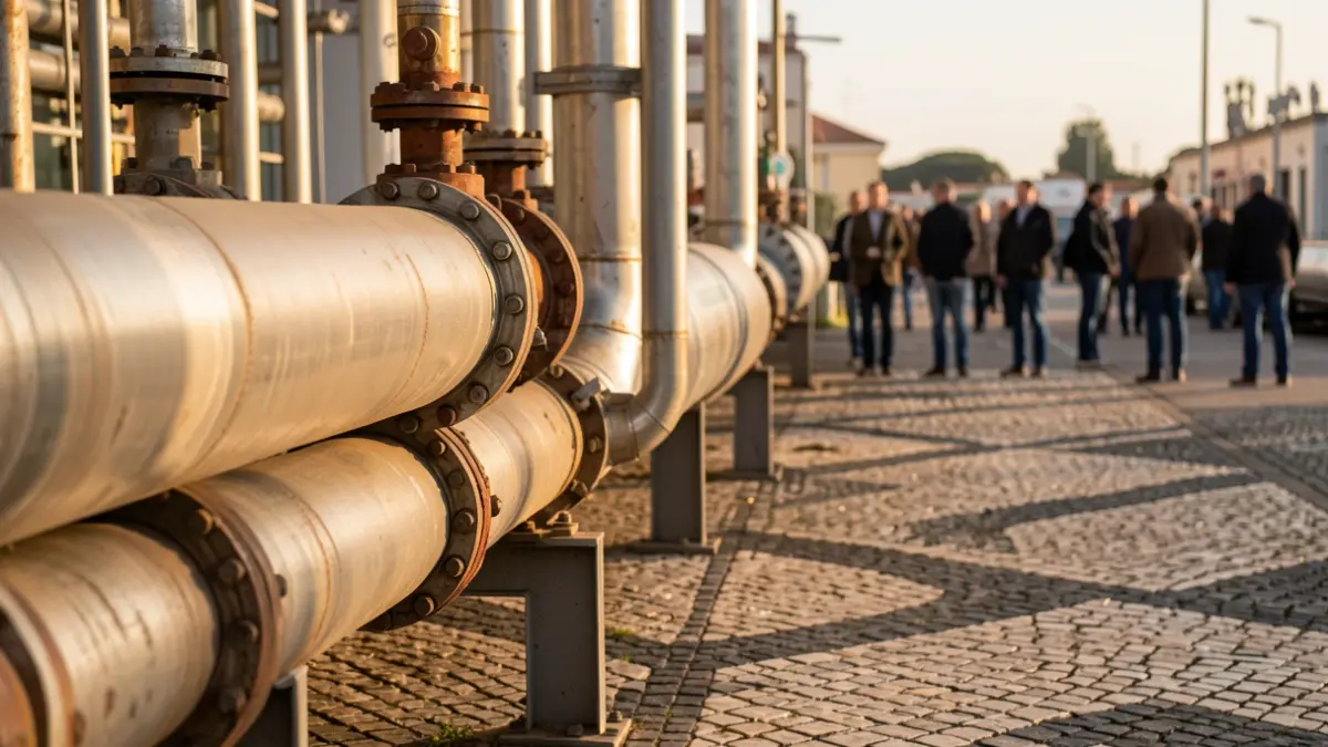 Imagen genérica de infraestructuras industriales de almacenamiento de productos petrolíferos con pavimento de calzada portuguesa.
