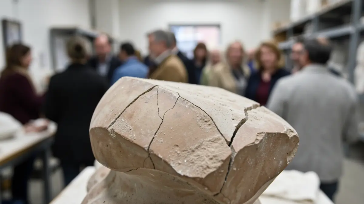 Imagen de un fragmento de artefacto de museo dañado, con enfoque en los detalles de la textura y las grietas.