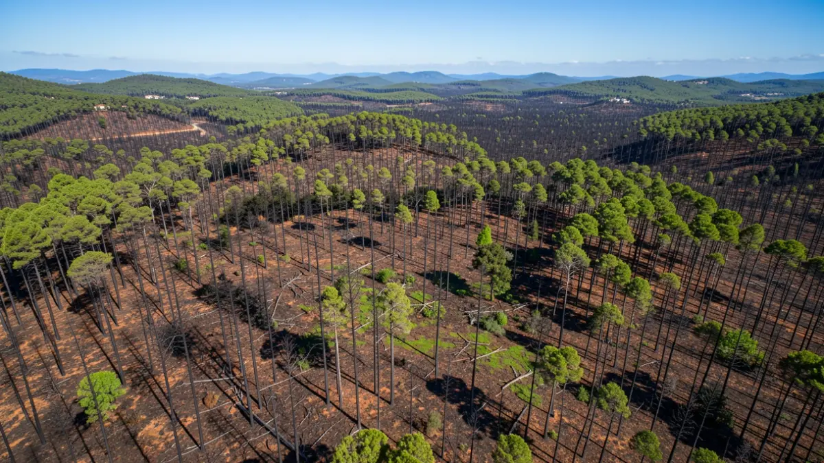 Generic image of a vast burned forest landscape in Portugal, with signs of recovery, under a blue sky.