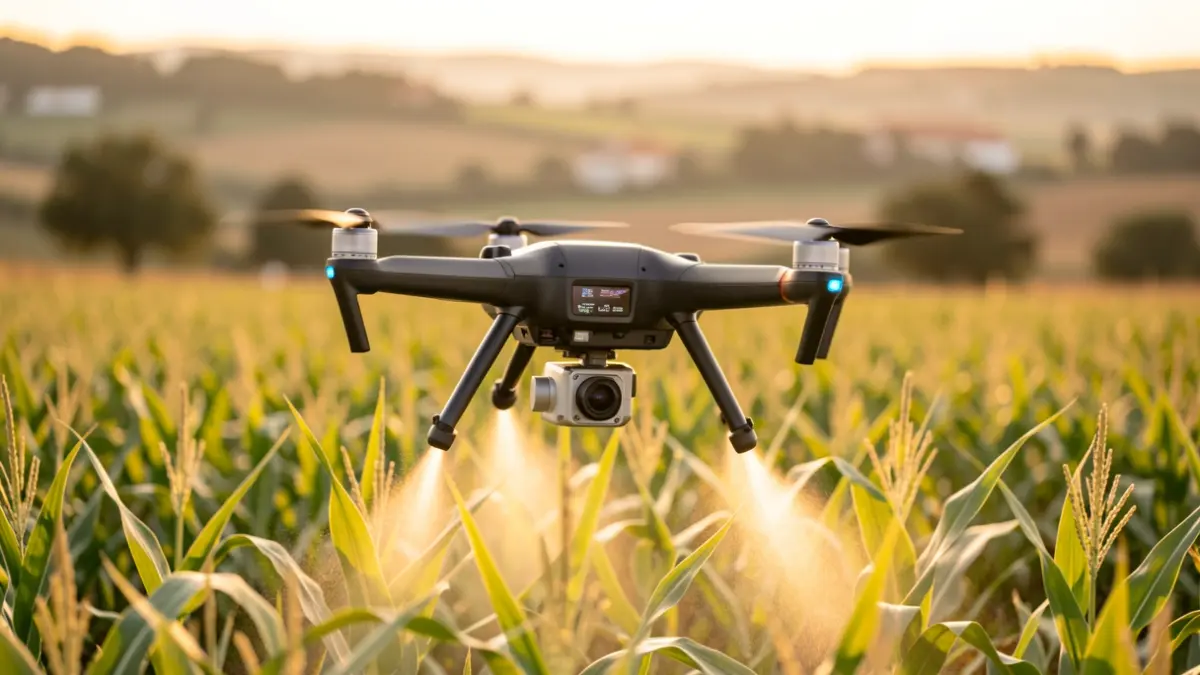 Generic image of a drone spraying a crop field in Portugal, with the rural landscape blurred in the background. Late afternoon lighting, focusing on technology and precision.