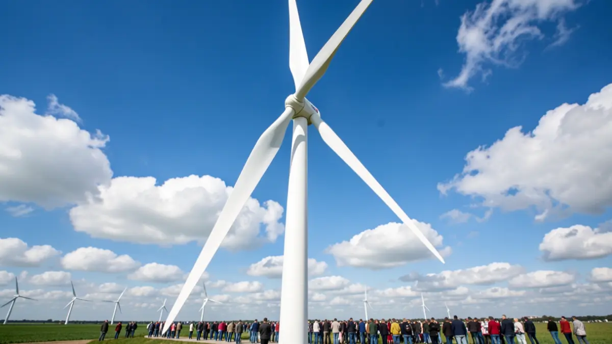 Imagem genérica de uma pá de turbina eólica contra um céu azul brilhante, simbolizando a produção de energia renovável.