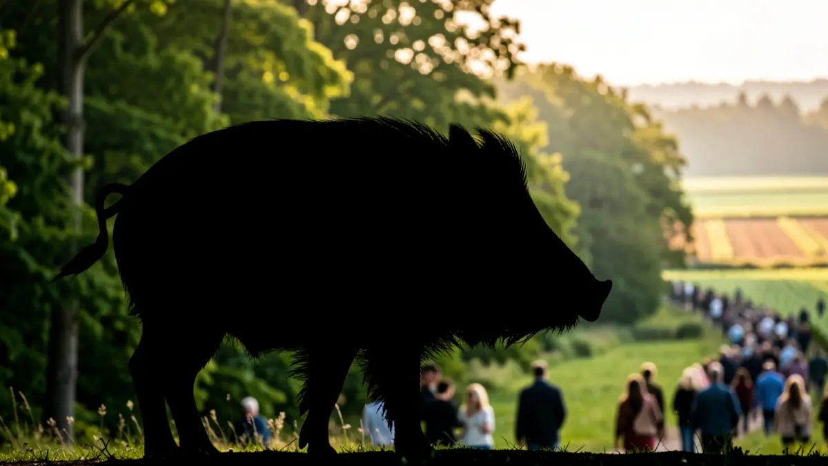 Imagem genérica de uma silhueta de javali contra uma floresta desfocada ao amanhecer.