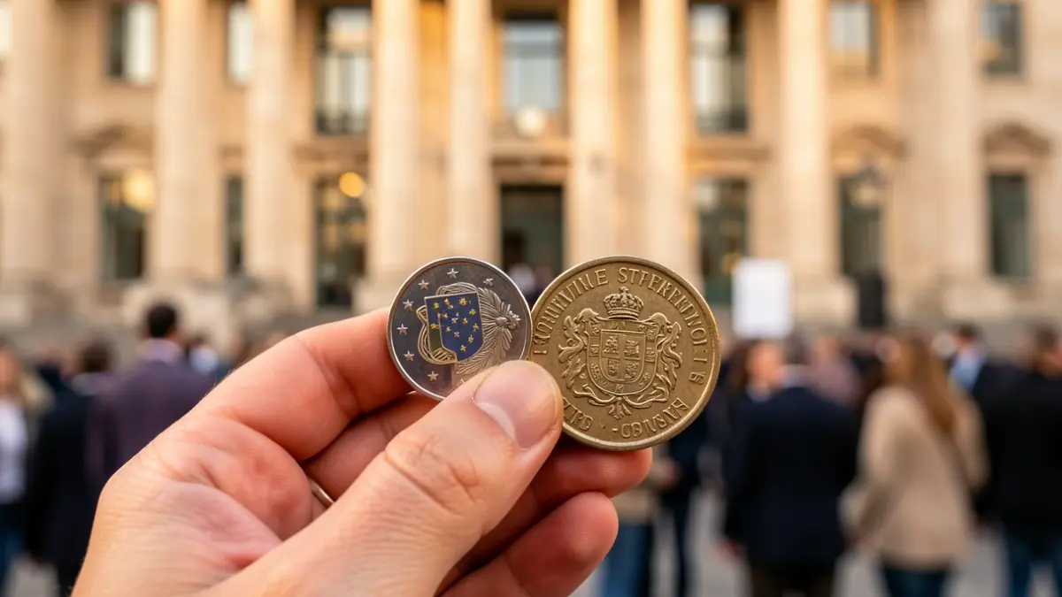 Imagem genérica de uma mão a segurar moedas da União Europeia e de Portugal, com a fachada de um edifício governamental desfocada ao fundo.