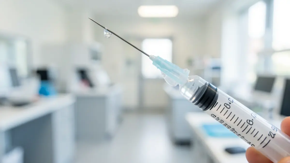 Imagen genérica de una jeringa médica con una gota de líquido, en ambiente hospitalario.