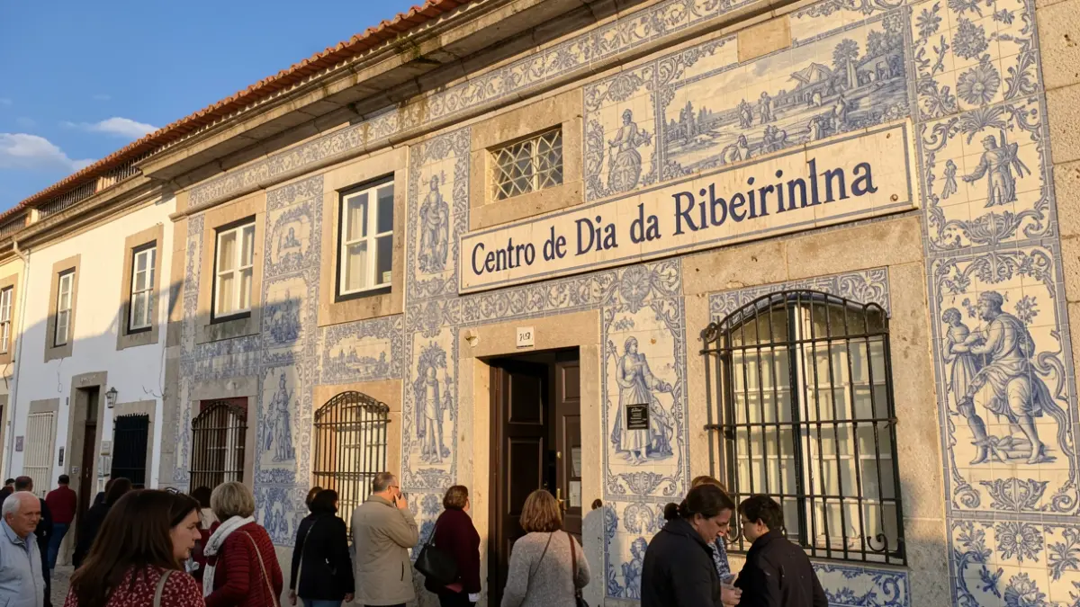 Fachada de um centro de dia em Ribeirinha, Açores, com azulejos tradicionais portugueses.