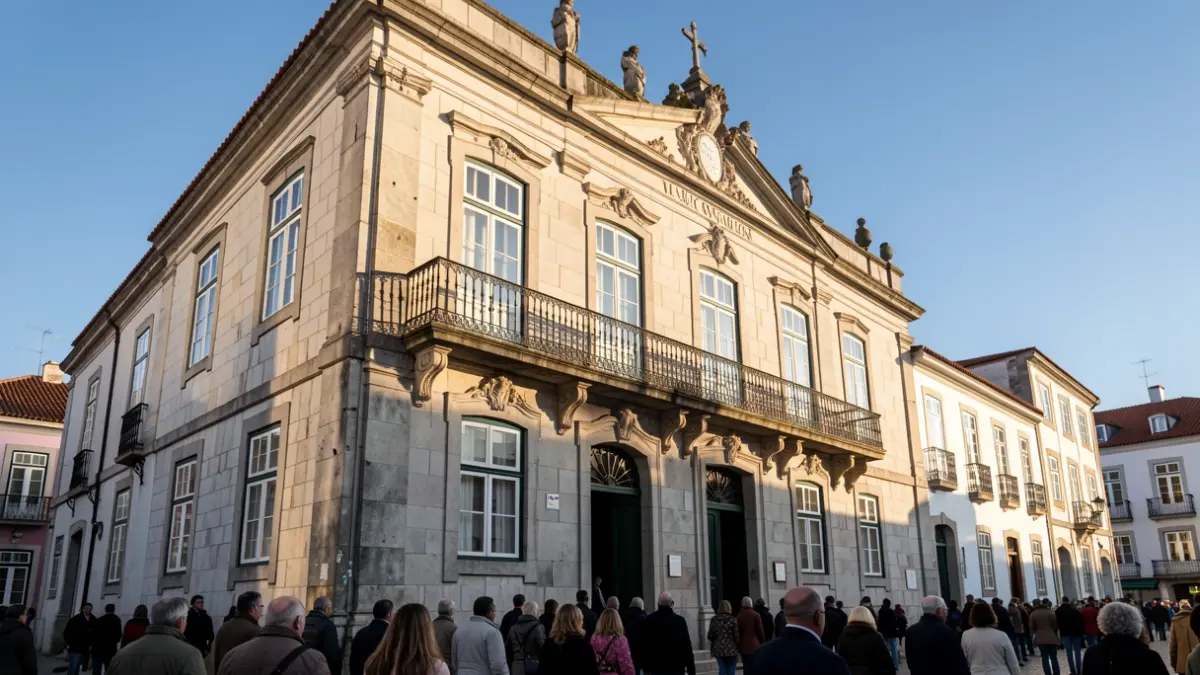 Imagem genérica da fachada de um edifício municipal português com varanda ornamentada, sob luz solar de fim de tarde.