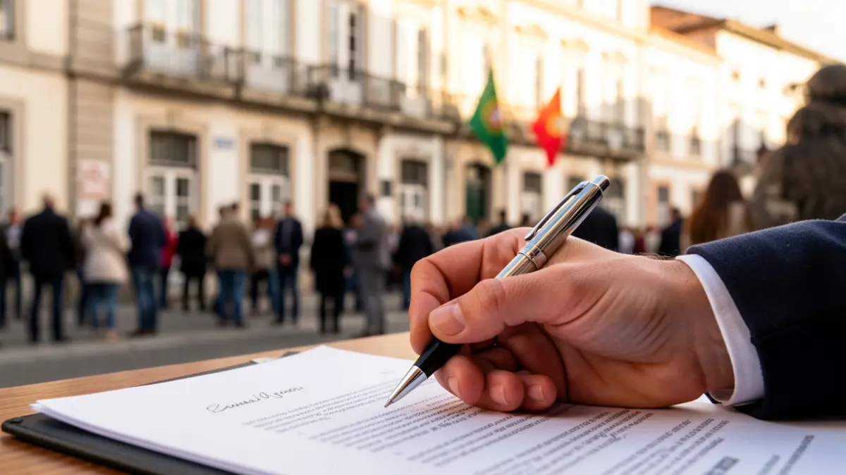 Generic image of a hand signing a document with a pen, with a blurred background of a Portuguese town hall facade.